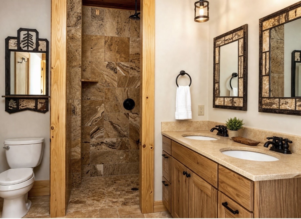 Bathroom with stone tile walk-in shower and double vanity