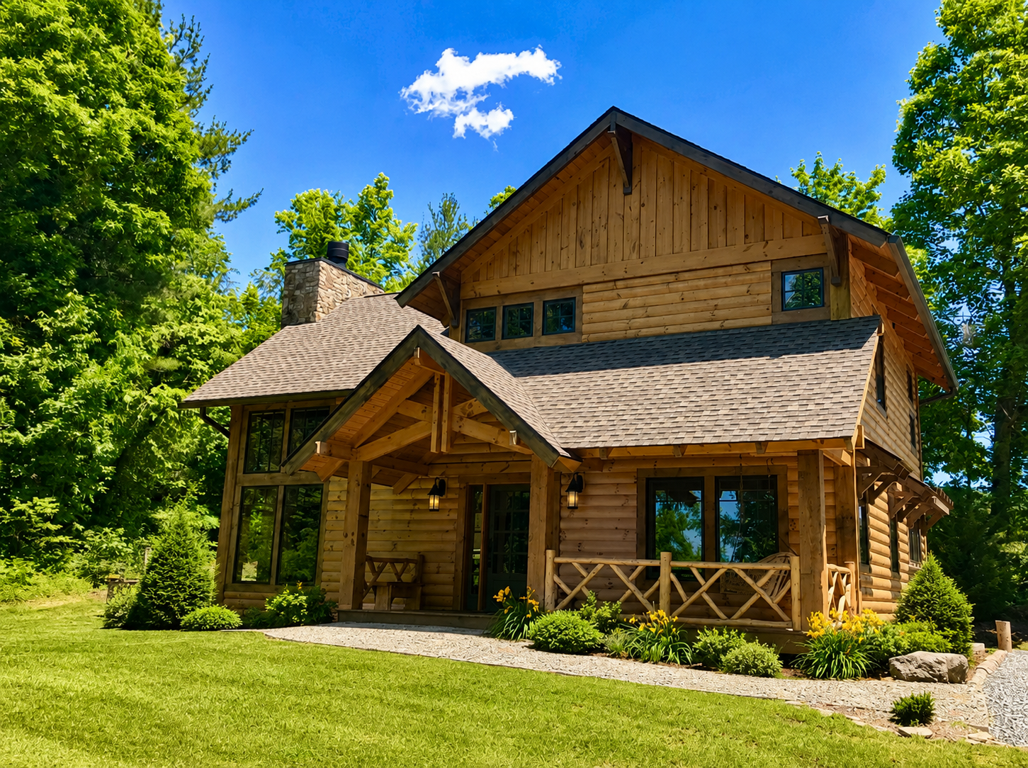 Sugar Maple log cabin exterior with vertical timber gables and stone chimney