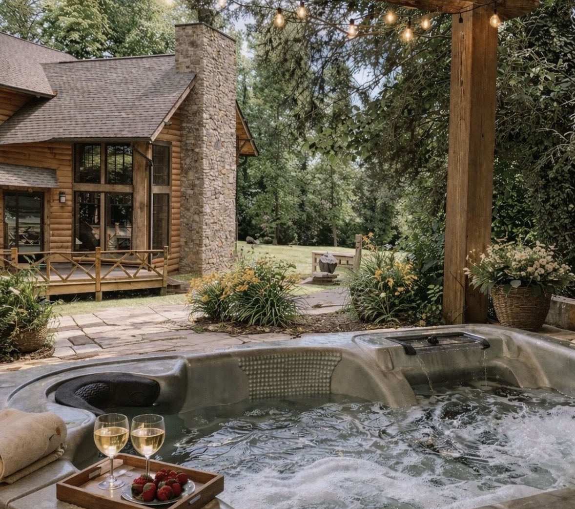 Hot tub on the patio with string lights and wine glasses