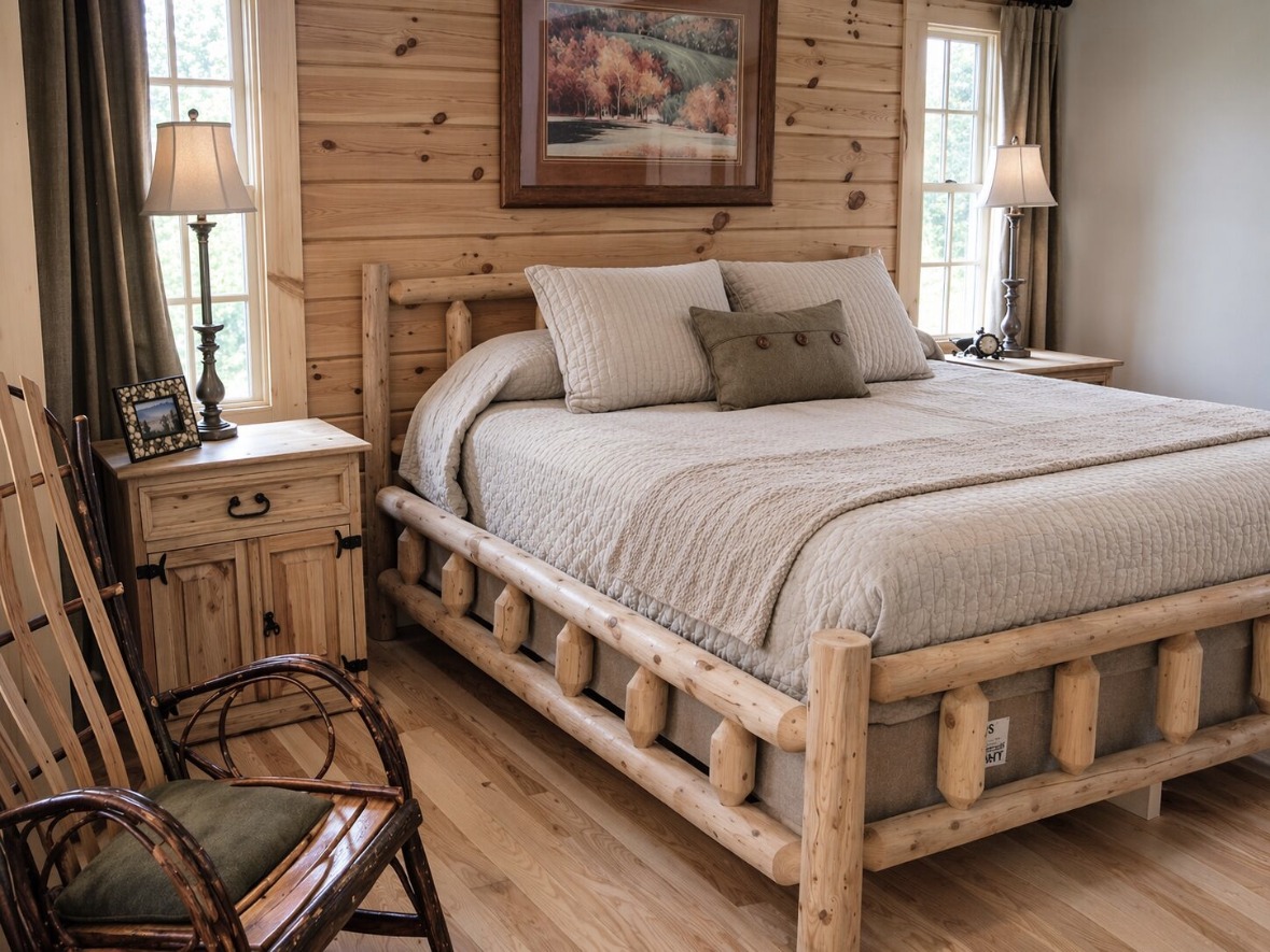 Primary bedroom with king-size log bed frame