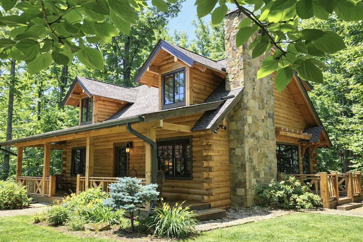 Whispering Pine cabin side exterior with covered upper deck