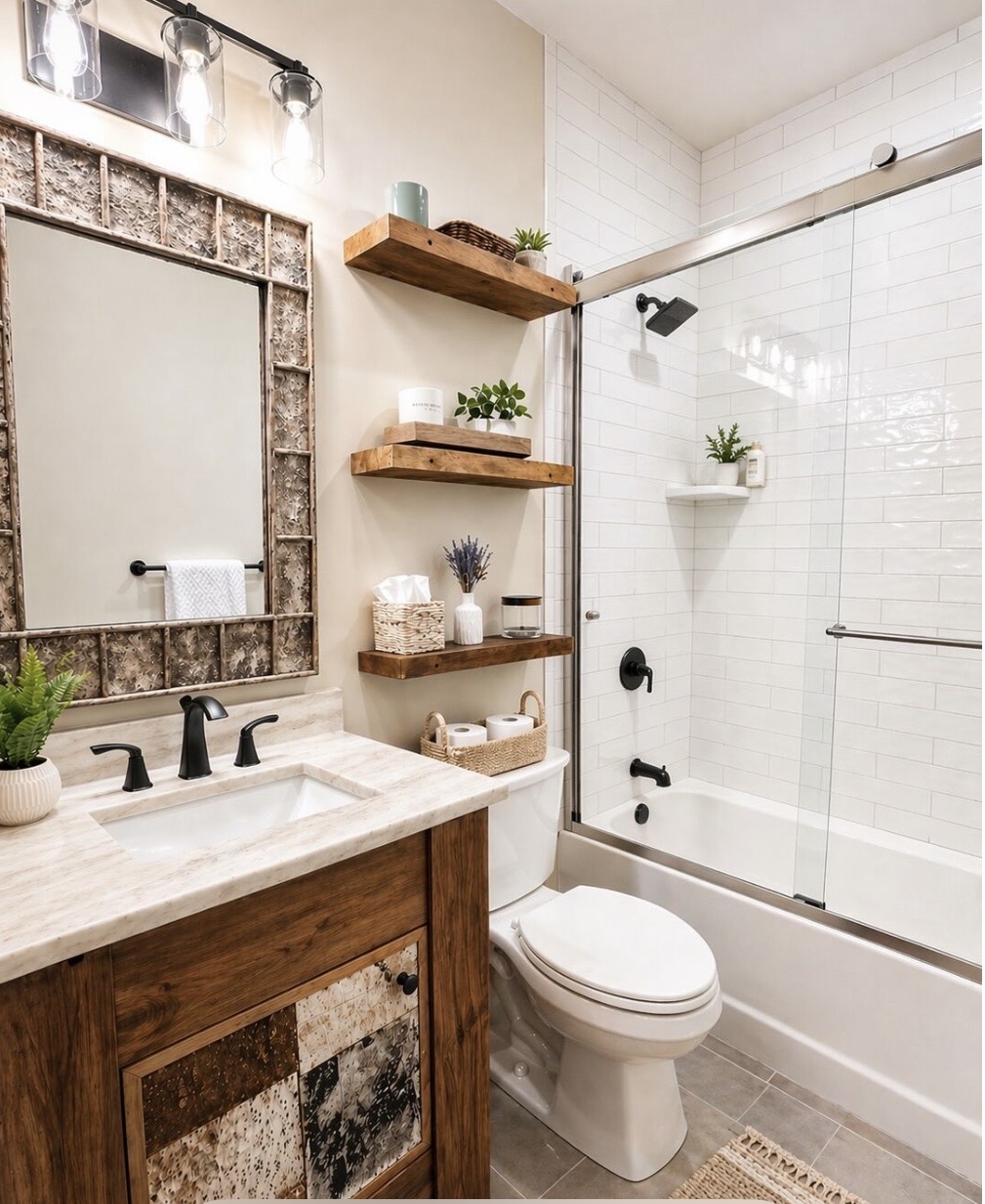 Bathroom with floating wood shelves and glass tub-shower combo